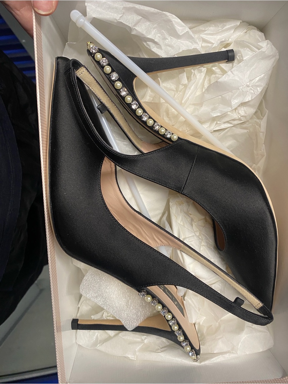 SJP by Sarah Jessica Parker Black Satin Slingback Heels with Pearl Trim